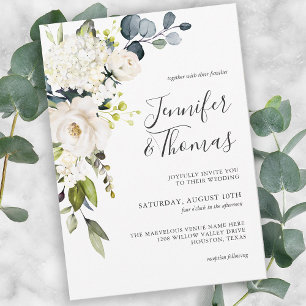 Invitation Elégante Roses Blanches et Hydrangeas Mariage Flor
