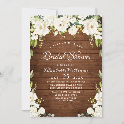 Invitation Elégante Roses blanches Fête des mariées en bois r (Devant)