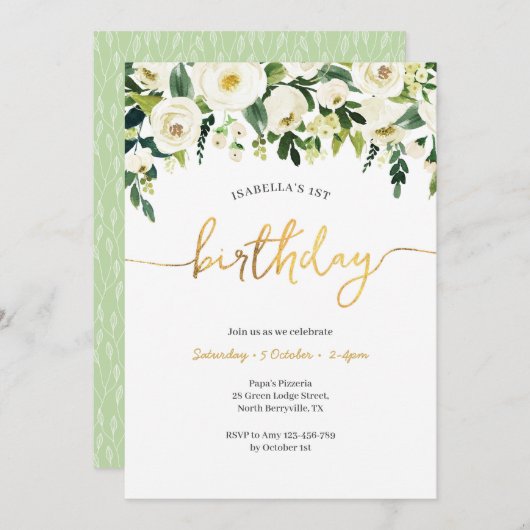 Invitation Elégante Roses Blanches Filles Anniversaire Invita (Devant / Derrière)