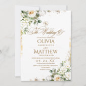 Invitation Elégante Roses Blanches & Mariage Floral Or (Devant)