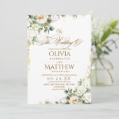 Invitation Elégante Roses Blanches & Mariage Floral Or (Debout devant)