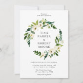 Invitation Elégante Roses Blanches Verdure Mariage Monogramme (Devant)