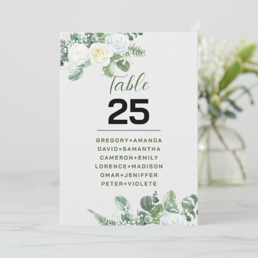 Invitation Elégante Roses Blanches & Verdure Table No (Debout devant)