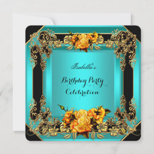 Invitation Elégante Roses Jaunes Turquoise Or Noir Anniversai