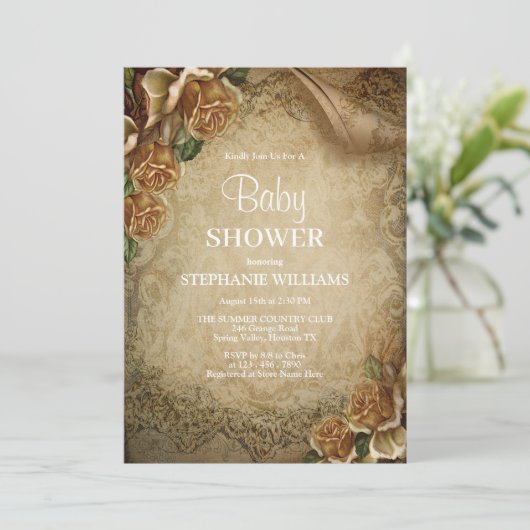 Invitation Elégante Roses Or & Damask Baby Douche (Debout devant)