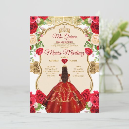 Invitation Élégante Roses Rouge Lumineuses Princesse Quinceañ (Debout devant)