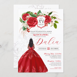 Invitation Elégante Roses Rouges Crest Floral Formal Quinceañ