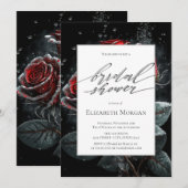 Invitation Elégante Roses rouges Fête des mariées noire (Devant / Derrière)