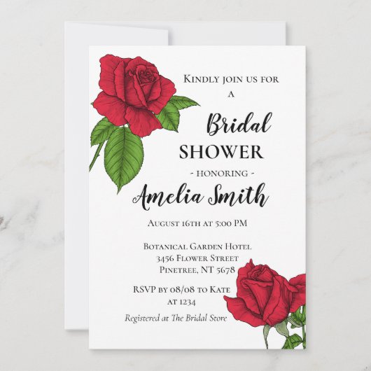 Invitation Elégante roses rouges Floral Bridal Shower Invitat (Devant)