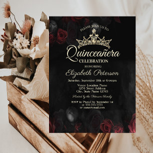 Invitation Elégante Roses Rouges Gothique Quinceañera