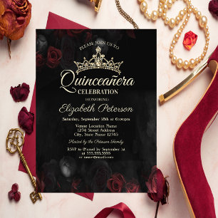 Invitation Elégante Roses Rouges Gothique Quinceañera