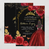Invitation Elégante Roses Rouges Noires Princesse XV Años (Devant / Derrière)
