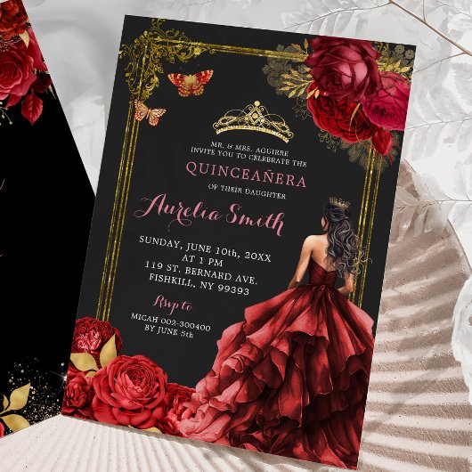 Invitation Elégante Roses rouges or Royal Quinceañera