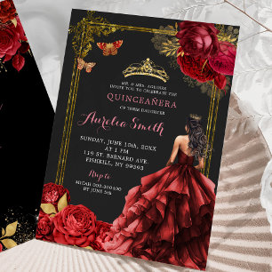 Invitation Elégante Roses rouges or Royal Quinceañera