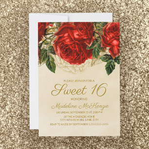 Invitation Elégante Roses Rouges Tan Sweet 16 Anniversaire