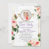 Invitation Élégante Rosy Blush Floral Première Communion (Devant)