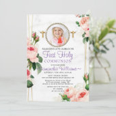 Invitation Élégante Rosy Blush Floral Première Communion (Debout devant)