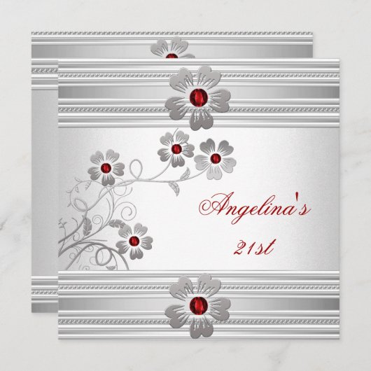 Invitation Elégante Rouge Blanc 21e Fleurs de fête d'annivers (Devant / Derrière)