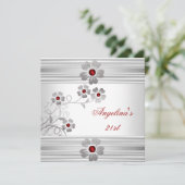 Invitation Elégante Rouge Blanc 21e Fleurs de fête d'annivers (Debout devant)