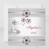 Invitation Elégante Rouge Blanc 21e Fleurs de fête d'annivers (Devant)