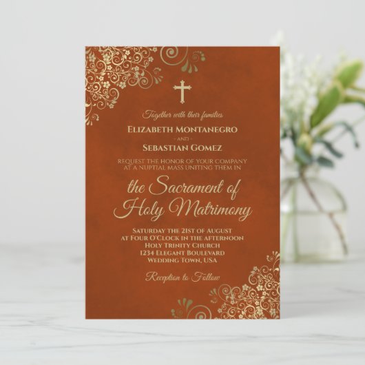 Invitation Elégante rouille Orange & Or Mariage catholique mo (Debout devant)
