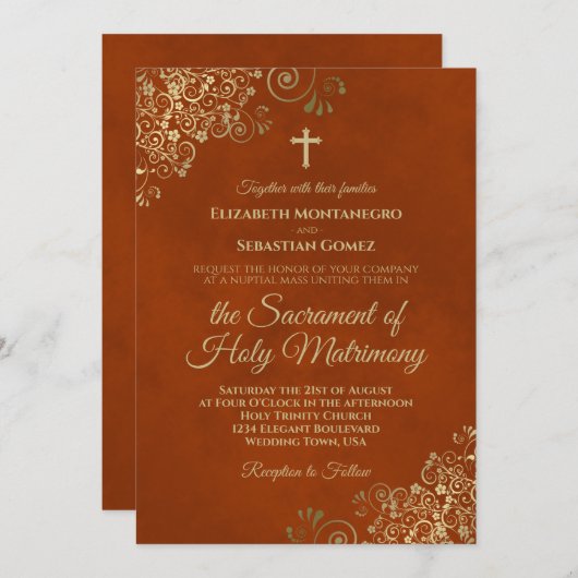 Invitation Elégante rouille Orange & Or Mariage catholique mo (Devant / Derrière)