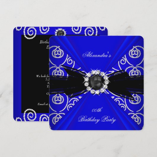 Invitation Elégante Royal Blue Black Pearl Bow fête d'anniver (Devant / Derrière)
