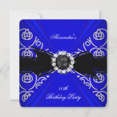 Invitation Elégante Royal Blue Black Pearl Bow fête d'anniver (Devant)