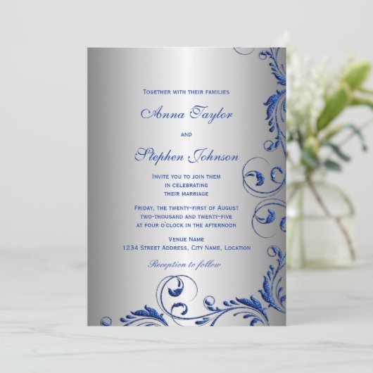 Invitation Elégante Royal Blue Faux Parties scintillant Flora (Debout devant)