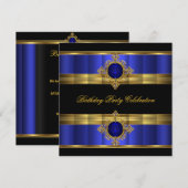 Invitation Elégante Royal Blue Gold Black Birthday Party (Devant / Derrière)