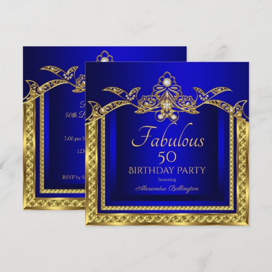 Invitation Elégante Royal Blue Gold Damask fête d'anniversair (Devant / Derrière)