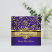 Invitation Elégante Royal Blue Gold Damask Pearl Party (Debout devant)