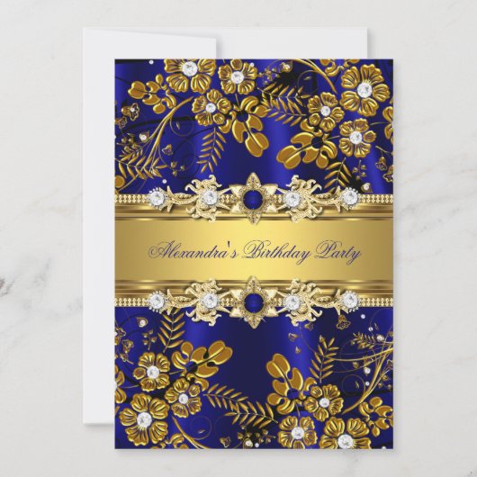 Invitation Elégante Royal Blue & Gold Floral fête d'anniversa (Devant)