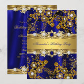 Invitation Elégante Royal Blue & Gold Floral fête d'anniversa (Devant / Derrière)