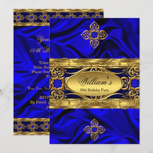 Invitation Elégante Royal Blue Gold Gems Soie Anniversaire 2 (Devant / Derrière)