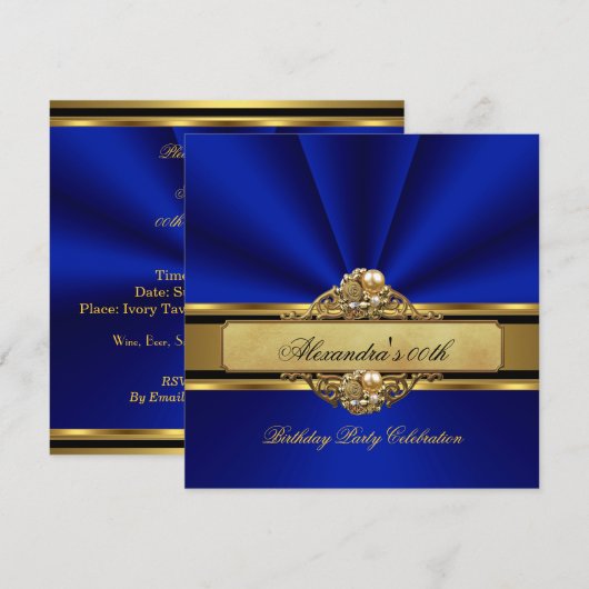 Invitation Elégante Royal Blue Gold Pearl fête d'anniversaire (Devant / Derrière)