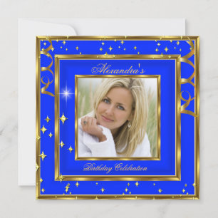 Invitation Elégante Royal Cobalt Blue Gold Photo Anniversaire