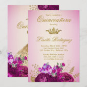 Invitation Elégante Royal Gold Bourgogne Rose Quinceanera (Devant / Derrière)