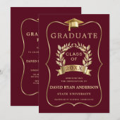 Invitation Élégante Royal Gold Burgundy Graduation Party (Devant / Derrière)