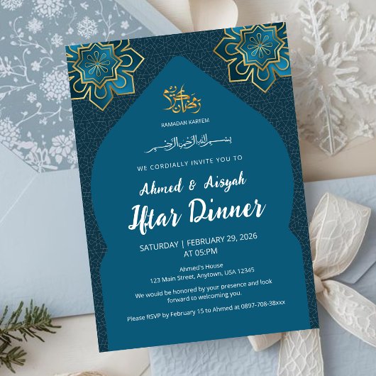 Invitation élégante sarcelle or pour Iftar Ramadan