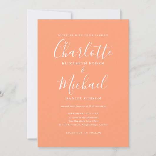 Invitation Élégante signature mariage pêche script (Devant)
