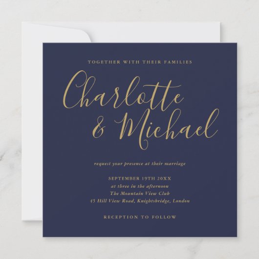 Invitation Élégante Signature Script Bleu Nuit Or Mariage (Devant)