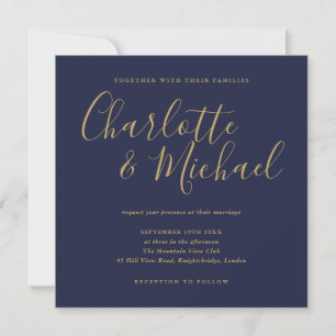 Invitation Élégante Signature Script Bleu Nuit Or Mariage