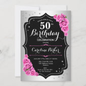 Invitation Elégante Silver Black Pink Photo 50e anniversaire (Devant)