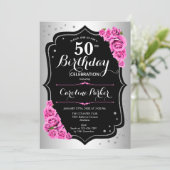 Invitation Elégante Silver Black Pink Photo 50e anniversaire (Debout devant)