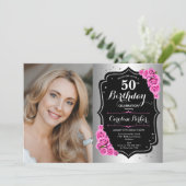 Invitation Elégante Silver Black Pink Photo 50e anniversaire (Debout devant)