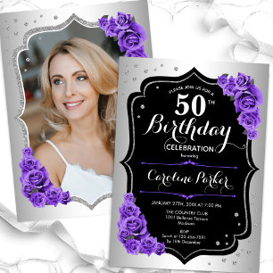 Invitation Elégante Silver Black Purple Photo 50e anniversair