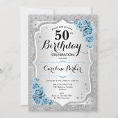 Invitation Elégante Silver Dusty Blue Photo 50e anniversaire (Devant)