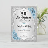 Invitation Elégante Silver Dusty Blue Photo 50e anniversaire (Debout devant)