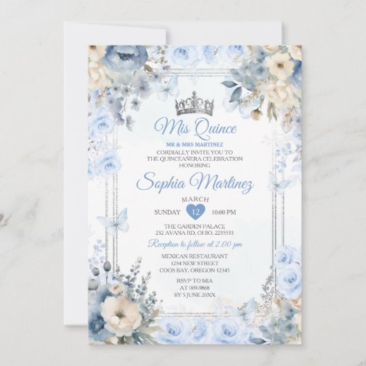 Invitation Elégante Silver & Dusty Blue Roses MIS QUINCE (Devant)